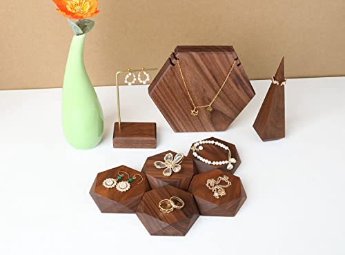 GemeShou 5pcs Wood Jewelry Stand Tray, Hexagon Display Riser Set, Retail Jewelry Shop Display Riser, Walnut Hexagon 5pcs Small - size: Small
