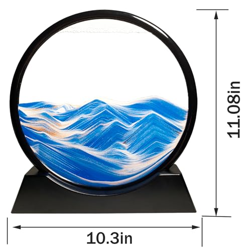 HYUGF 12" Moving Sand Art Picture Ocean Decor - 3D Deep Sea Sandscape Liquid Motion, Round Glass Frame Display Flowing Sand Relaxing Gift for Kids Adults Home Office Work Desktop Decoration Toy, Blue - color: Blue, size: 12 inches