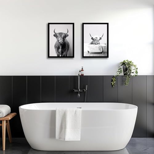 Highland Cow Bathroom Wall Art Set of 2 Framed Canvas Prints Funny Farm Animal Bathtub Artwork Black and White Rustic Modern Wall Decor Pictures with Solid Wood Frame & Acrylic Cover Cute wall decor 16X20IN - color: Highland Cow, size: 20"L x 16"W