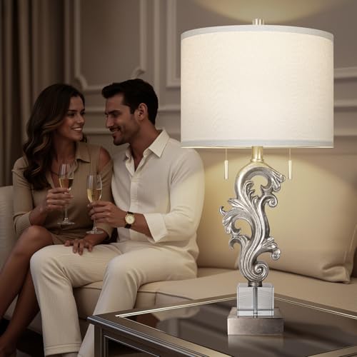 Scenekoy Table Lamp Set of 2 with USB Ports, Pull Chains Switch, 27” Silver Leaf Sculptural Bedside Lamps with Linen Shade for Living Room Bedroom, Nightstand Lamps for Home Room Decor - size: 27 inches Silver Leaf -041