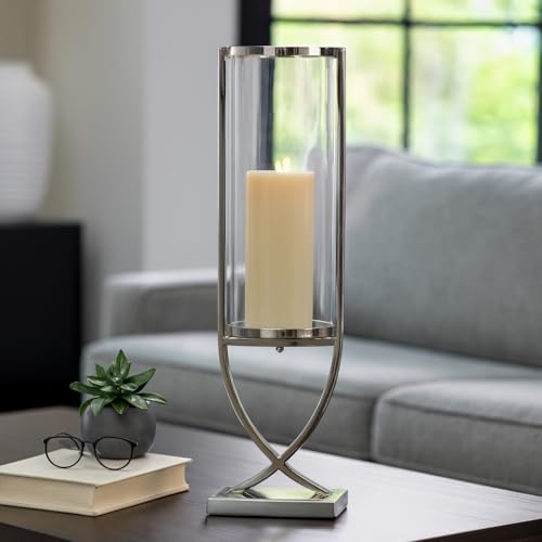 Contemporary Metal and Glass Hurricane Candle Holder - Decorative Pillar Candlestick Holder for Table Centerpiece - Elegant Home Decor Accents for Any Special Occasion Decoration - 31" Silver - color: Silver, size: 31"