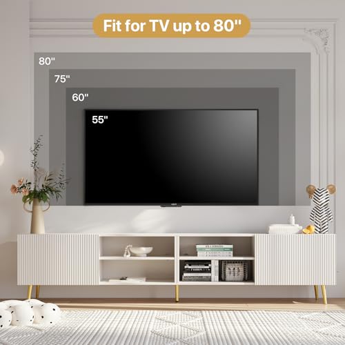 Modern 86in TV Stand for Living Room, Fluted Design Entertainment Center with Adjustable Shelves,Media TV Console Table with Storage for Bedroom,White - color: White
