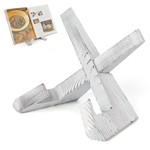 PUERSI Cookbook Stand for Kitchen, Recipe Book Holder for Kitchen Counter, Wooden Cookbook Holder, Rustic Cook Book Holder Stand - Farmhouse White - color: White