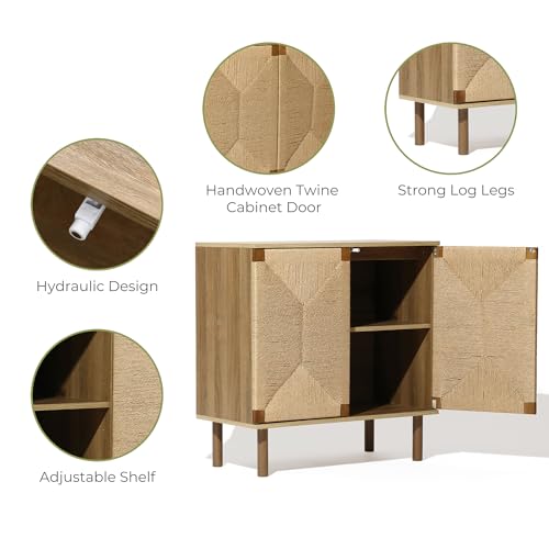 LuxenHome 31" Sideboard Buffet Cabinet with Storage, Seagrass Boho Accent Cabinet, Mid Century Modern Small Sideboard Storage Cabinets for Kitchen, Living Room, Entryway