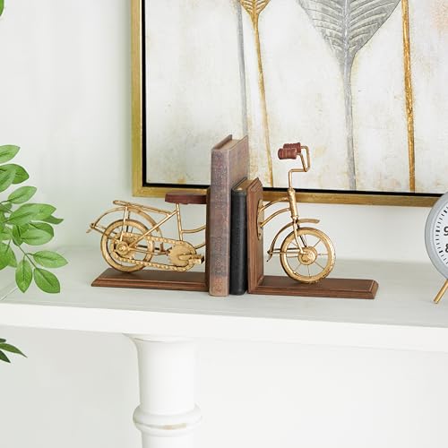 Deco 79 Wooden Bike Decorative Bookends Non Skid Bookends, Set of 2 Office Bookends7"W, 9"H, Brass