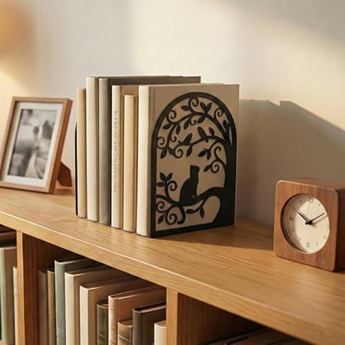 2 Pcs Metal Bookends, Unique Cat Book Ends for Shelves Sturdy Book Organizers and Decorative Books Accessories for Home Office and Library - style: Cat Tree