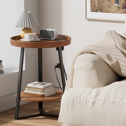 Gadroad Round End Table with Charging Station, USB Ports, Wood Tabletop & Black Metal Frame, 2-Tier Side Table for Living Room, Bedroom, Brown 15.7 * 15.7 * 23.0inches - color: Brown, style: with Charging Station