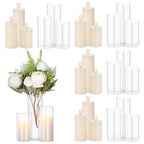 12 Sets Pillar Candles with Glass Cylinders Vases 3 Sizes - Slim Hurricane Glass Candle Holders, Transparent Cylinder Vases, Romantic Centerpiece Decor for Wedding, Party, Dining Table