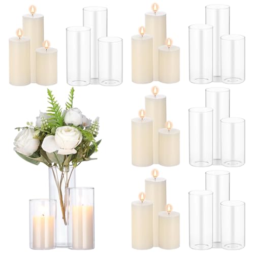 12 Sets Pillar Candles with Glass Cylinders Vases 3 Sizes - Slim Hurricane Glass Candle Holders, Transparent Cylinder Vases, Romantic Centerpiece Decor for Wedding, Party, Dining Table