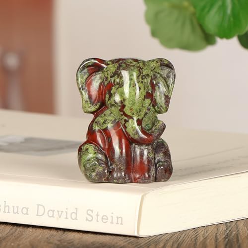 Crystal Elephant Figurine 1.5" Dragon Bloodstone Cute Animal Statue for Women Paperweight Hand Carved Reiki Healing Sit Elephant Decor for Home, Office
