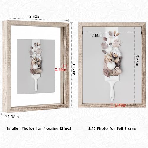MUYE 8x10 Floating Frame Distressed Beige White Wood Pattern,Double Glass Picture Frame Set of 2 Display Any Size Photo up to 8x10,Wall Mount or Tabletop Stand - color: Beige, size: 8x10