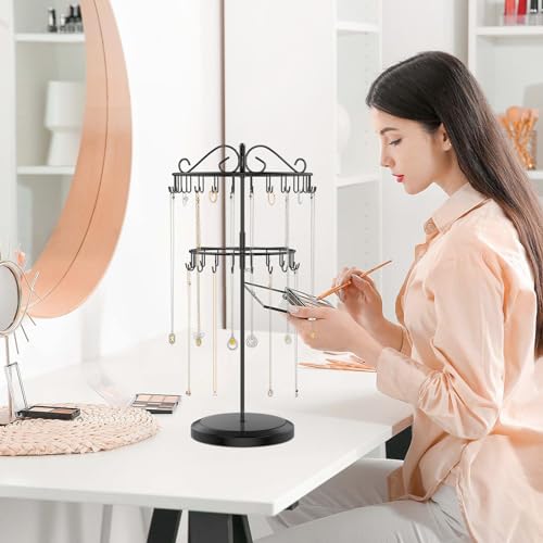 iDavosic.ly 2 Tier Rotating Necklace Holder Organizer with 42 Hooks, Adjustable Metal Bracelet Display Stand Rack, Extra Tall Keychain Spinning Tree Tower for Women, Black - color: Black