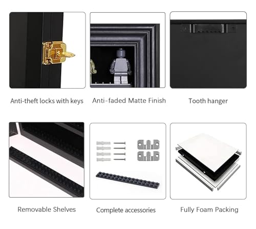 VERANI Minifigures Miniature Display Case Collectibles Display Box Wall Mount Figure Display Curio Cabinet with Lockable Anti Dust Door for Small Objects Lockable Removable Shelves - Small Black - size: Small-Black