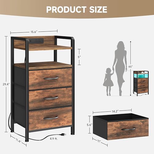 Lazzanto Night Stand Bedside Table Bedroom - Tall Nightstand with Charging Station & LED Light Strip, Bed Side Table with Storage Shelf & 4 Drawers, End Table with U-S-B Ports & AC Outlets, Brown - color: Rustic Brown, size: 4 Drawers