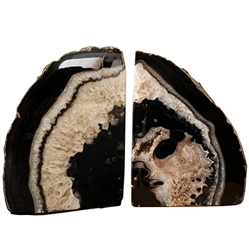 AMOYSTONE Black Geode Bookends Agate Decorative Book Ends for Shelves Heavy Duty Crystal Quartz Bookends with Rubber Bumpers(1 Pair, 3-4 LBS) - color: Natural Black, size: 3-4LBS