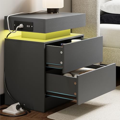 LIKIMIO Night Stand with Charging Station, Modern Grey Nightstand with LED Light and Drawers, Bedside Tables/End Table for Bedroom - color: Grey