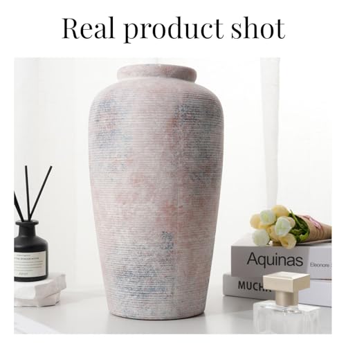 Rustic Distressed Ceramic Threaded Vase, 11" H Handmade Wabi Sabi Decor Vase (Antique Terracotta with Lime White & Distressed Black Patches) for Living Room Table Centerpieces, Entryway & Fireplace - size: 11 inch-B