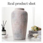 Rustic Distressed Ceramic Threaded Vase, 11" H Handmade Wabi Sabi Decor Vase (Antique Terracotta with Lime White & Distressed Black Patches) for Living Room Table Centerpieces, Entryway & Fireplace - size: 11 inch-B