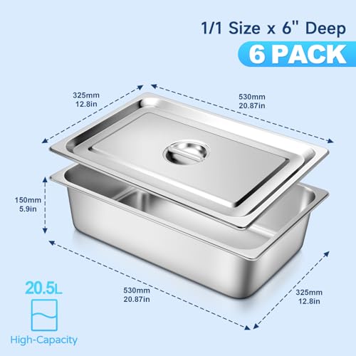 Hotel Pan with Lids 6 Pack Full Size 6" Deep Stainless Steel Steam Table Pan, Commercial Food Pans for Catering Buffet Chafing Dish Pans Metal Steam Tray (1/1 Full Size x 6 Inch Deep, 6 Pack) - color: Full Size, size: 6" Deep