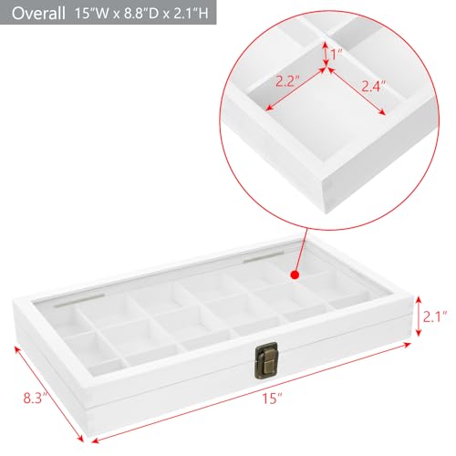 MOOCA Wooden Display Storage Case with Tempered Glass Lid for Jewelry and Beads with 18 Compartments Tray, 15 W x 8 3/8 L x 2 1/8 H in, Wash White Color - color: Wash White