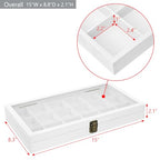 MOOCA Wooden Display Storage Case with Tempered Glass Lid for Jewelry and Beads with 18 Compartments Tray, 15 W x 8 3/8 L x 2 1/8 H in, Wash White Color - color: Wash White