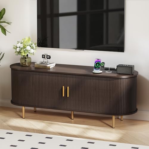 DHH 55 Inch Mid Century Modern TV Stand with Power Outlet for TVs up to 60 Inch, Entertainment Center with Storage and Adjustable Shelves, Media Console with Sliding Doors for Living Room(Dark Walnut) - color: Dark Walnut, size: 55 Inch