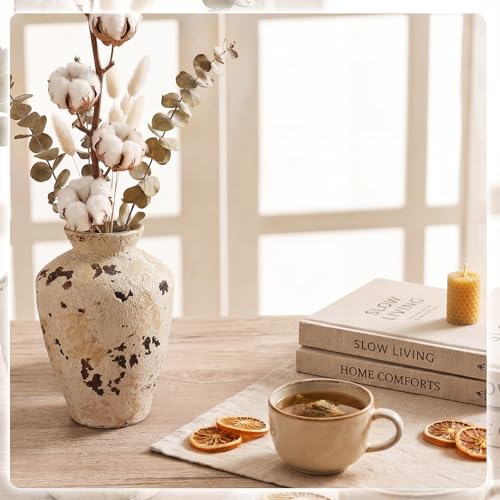 Rustic Ceramic Vase Terracotta Farmhouse Vase for Flowers Stone Vases 9.5 Inch Retro Country Table Centerpieces Vintage Home Decor for Living Room Shelf Entryway Kitchen Wedding Party Decor
