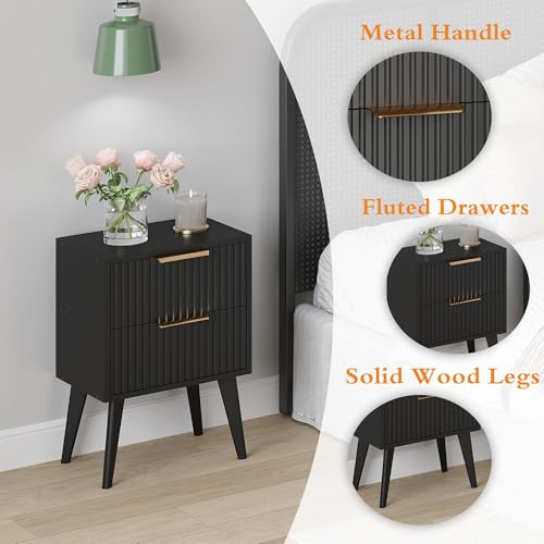 YAUKOMEL Small Black Night Stand,Mid Century Modern Bedside Table, Nightstand with 2 Drawers,Fluted Side Table with Wood Legs, End Table for Bedroom,Small Space Black11.8 D x 15.7" W x 22.8" HCTG55BK - color: Black, style: Fluted Style
