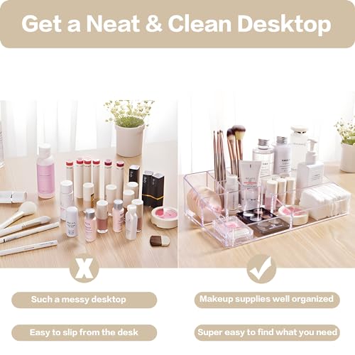 Clear Makeup Organizer, Makeup Brushes Storage Case, Cosmetic Display Case Tray, Tiered Skincare Organizer, Acrylic Lipstick Holder Countertop Desk Brush Organizer for Bedroom Vanity