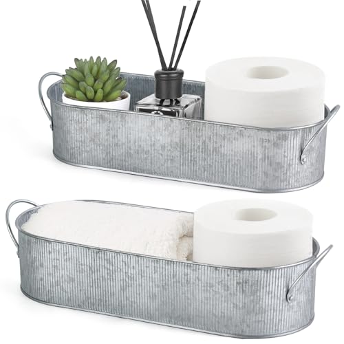 Mkono Metal Storage Basket for Toilet Tank Top Bathroom Decor, Galvanized Tray with Handle for Shelves, Farmhouse Toilet Paper Holder Organizing Bin Box for Countertop Living Room, Set of 2, Silver - color: Silver