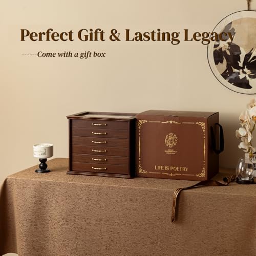 KINTNESS Black Walnut Wooden Jewelry Box - 6 Drawers Solid Wood Large Jewelry Organizer with Secret Compartment for Women Girls, Jewelry for Bracelet, Necklace, Ring, Earring - style: 6-Drawer Design