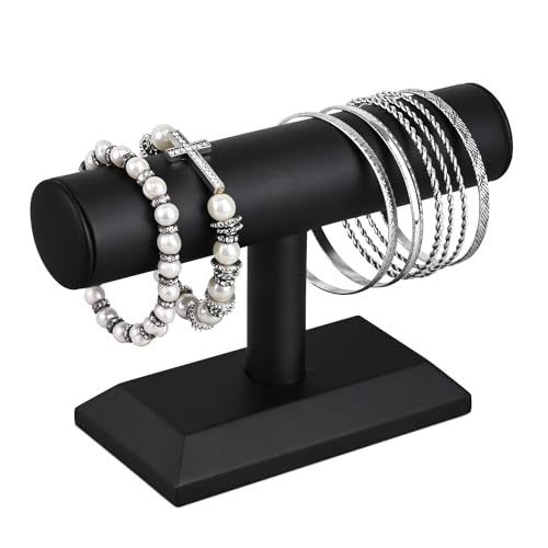 MOOCA 2 Pcs Black Deluxe PU Faux Leather Jewelry Holder Organizer, Wooden Bracelet Holder Stand, T-Bar Display Stand, Jewelry Organizer Stand for Bracelets, Bangles, and Watches - color: Black Faux Leather, 2 pieces