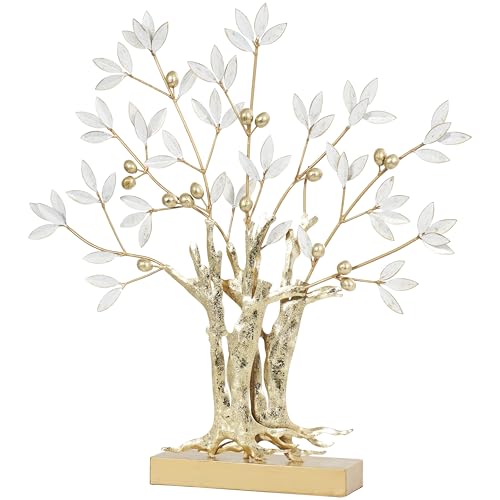 Deco 79 Metal Tree Decorative Sculpture Metallic Home Decor Statue with White Leaves, Accent Figurine 23" x 3" x 24", Gold
