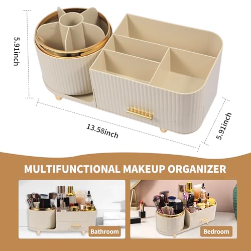 Makeup Organizer Countertop with Drawer 360 Rotating Brush Holder Storage Large Capacity Skincare Cosmetic Display Cases for Vanity Bathroom Desktop, Model 3016 Cream - color: Cream