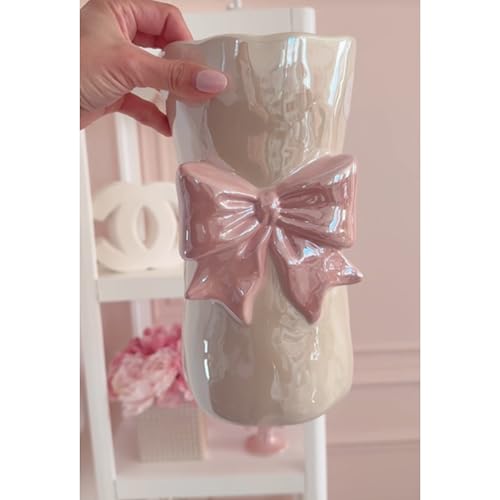 Bow Flower vase, Bow vase for Flowers, Pink Bow Ceramic Vase – Cute Vase with Shiny Glaze, Modern vase Decor (Pink Bow)