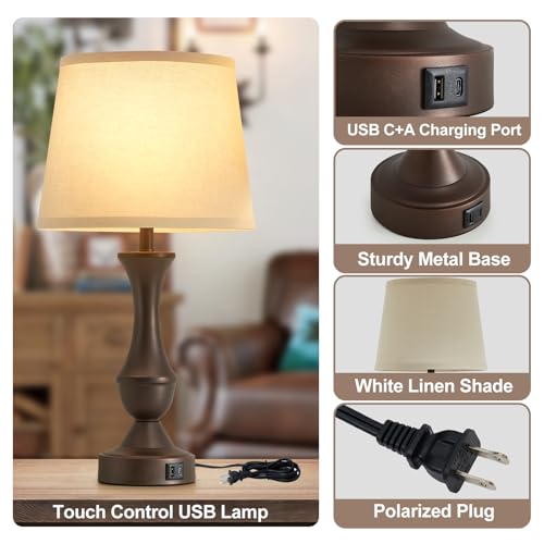 Luvkczc 22" Table Lamp Set of 2 - Vintage Brown Bedside Lamp with Beige Fabric Shade, Dimmable, USB C+A Ports, Nightstand Lamp for Living Room Bedroom (Bulb Included) - color: Brown,Beige, size: 22in