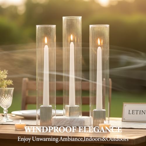 LETINE Hurricane Candle Holders with Silver Ribbed Taper Candle Holders Set of 9 (14")– Bulk Windproof Taper Candle Hurricane Glass for Outdoor&Indoors Wedding Centerpiece, Event & Home Decor - color: Silver, size: 14H"-9pcs+9pcs Taper Holder1.57"/2.36"/3