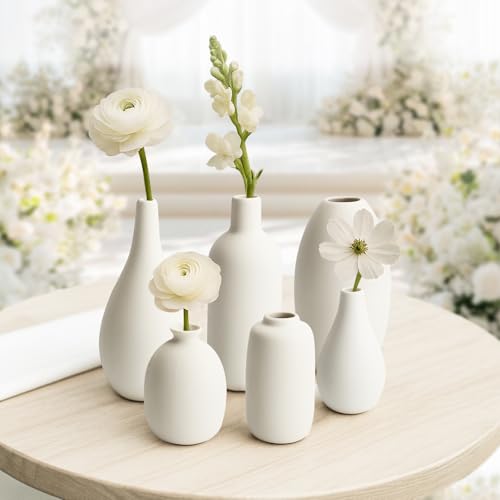 BEAHOT Ceramic Vases Set of 6, White Contemporary Decorative Flower Vases, Modern Design for Living Room - size: 6 set