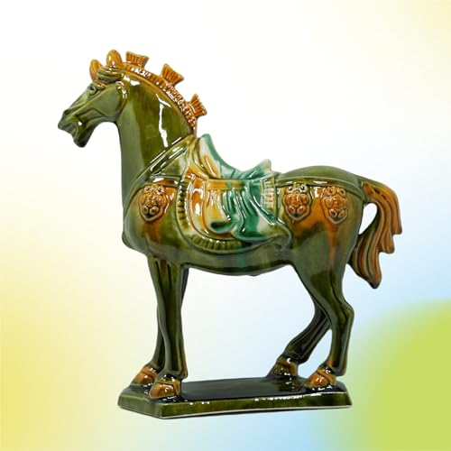Handmade Tang Dynasty Tri-Color Horse Ceramic Sculpture - 19cm Traditional Chinese Cultural Art Decor - Symbol of Prosperity & Good Fortune - Perfect for Home, Office, Bookcase Shelf(Grass Green) - color: Grass Green