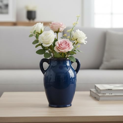 Sunddo Blue Ceramic Vases for Home Decor - 8 inch Blue Flower Vase with Handles, Farmhouse Country Vase for Pampas Grass, Fireplace, Centerpieces, Living Room, Table, Shelf Decor - color: Retro Blue - 8, size: 8 Inch