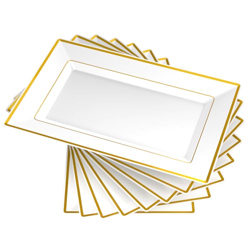 FOCUSLINE 8 PCS Plastic Serving Trays, White and Gold Rim Plastic Serving Platters, Disposable Tray for Food, Perfect for Wedding Parties - color: White