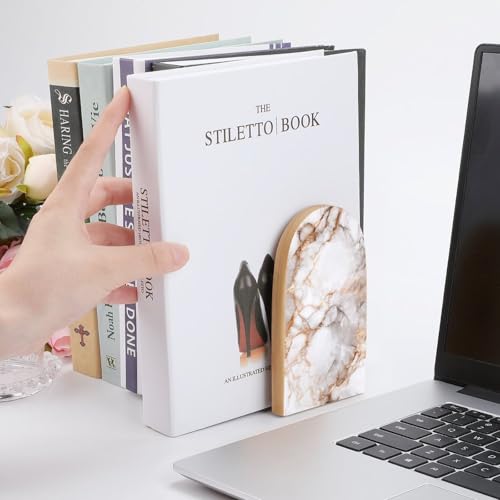 Minimalist Marble Texture Wooden Bookends Shelves 2 PCS White and Rose Gold Veins Sturdy Book Holders Desktop Organizer for Home Office Libraries - color: Color-4