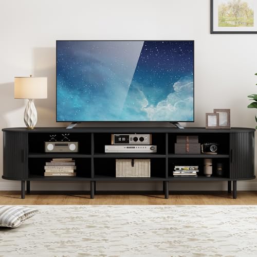86.6" TV Stand with Power Outlet, Mid-Century Modern Television Stand, Fluted Media Console with Sliding Doors, Entertainment Center for TVs up to 90 Inch, Adjustable Shelves, Black - color: Black, size: 86.6 Inch