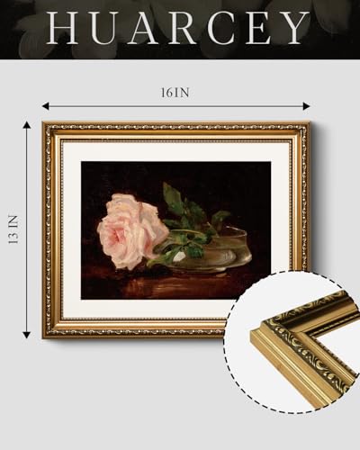 HUARCEY Vintage Romantic Pink Rose Gold Framed Canvas Wall Art Print, 13''x16'' Flower Oil Painting Elegant Floral Artwork, Still Life Gift for Mothers Day,Wall Decor for Bedroom Living Room - color: A Pink Rose, size: 16"L x 13"W