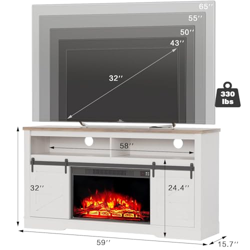 YESHOMY Fireplace TV Stand for Television up to 65+ Inch with Storage and Farmhouse Sliding Barn Doors, Entertainment Center with Cabinet and Shelves, Media Console for Living Room, White - color: White, style: Sliding Barn Doors Fireplace TV Stand