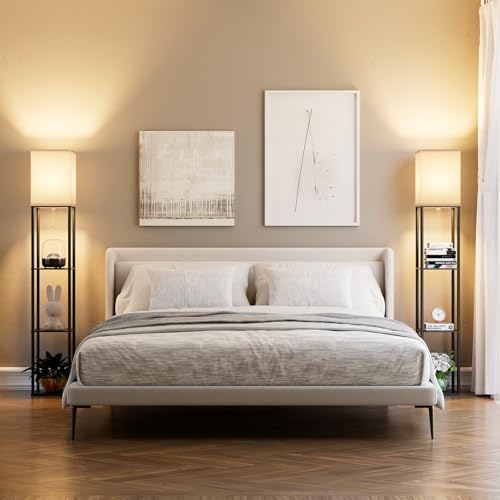 Floor Lamp with Shelves for Living Room 2 Pack, Shelf Floor Lamp with 3 CCT LED Bulb, Corner Display Standing Column Lamp Etagere Organizer Tower Nightstand with White Linen Shade for Bedroom, Office - color: Black