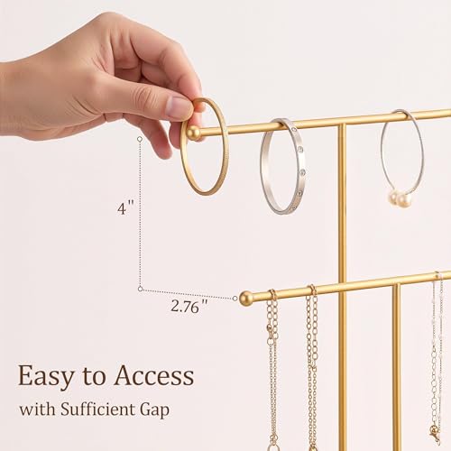 Gold Jewelry Holder Stand with Ceramic Tray: Small Hanging Necklace Organizer Tree for Earrings, Bracelets, Rings – Jewelry Display Hanger for Women & Girls, White - color: white tray gold bar