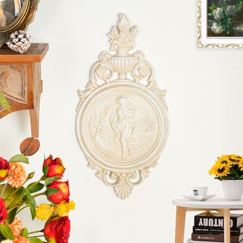 Sungmor Ornate Cast Iron Wall Art Plaque – Classical Woman Relief in French Country Style, Decorative Wall Sculpture - Vintage Hanging Décor for Home, Garden, or Patio – Antique White Finish - color: Vintage White & B