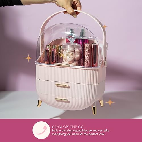 Paris Hilton Makeup Storage Organizer with Lid, Cosmetics and Skincare Organizer for Vanity, Portable Makeup Storage Box for Countertop, Fluted Design with Gold Accents, Pink - style: Organizer Box