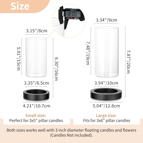 NUPTIO Wooden Candle Holders Pillar: Black Candle Tray with Round Hurricane Glass Vase - Set of 2 Cylinder Floating Candleholder for Home Halloween Thanksgiving Seasonal Decor - color: Black